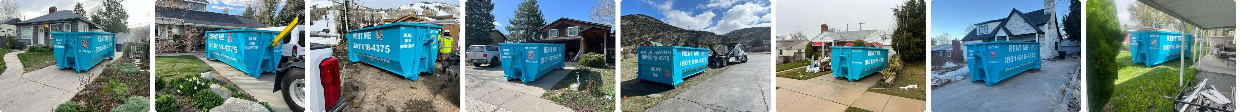 Blue Bin dumpsters in driveways and on jobsites around Utah